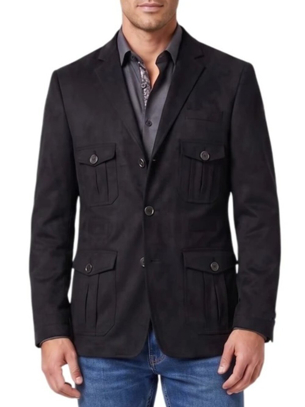 Solid Black Suede Slim Fit Casual Safari Men's Jacket